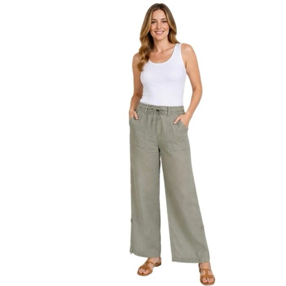 Premise Women's 100% Linen Olive Green
Wide Leg Casual Pants Size 14W NWT